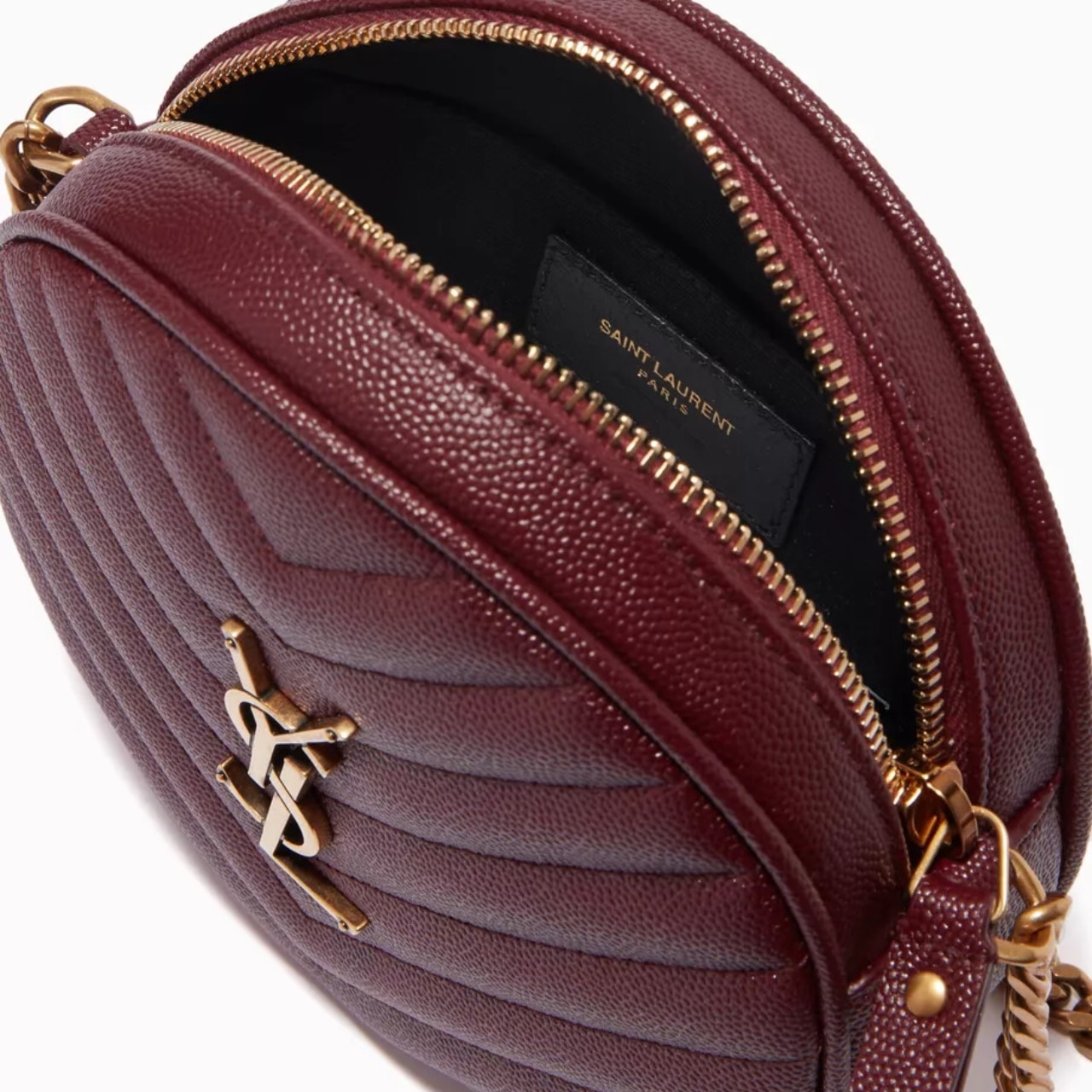 Saint Laurent Vinyle Round Camera Bag In Chevron Quilted Grain De Poudre Embossed Leather Red 18Cm