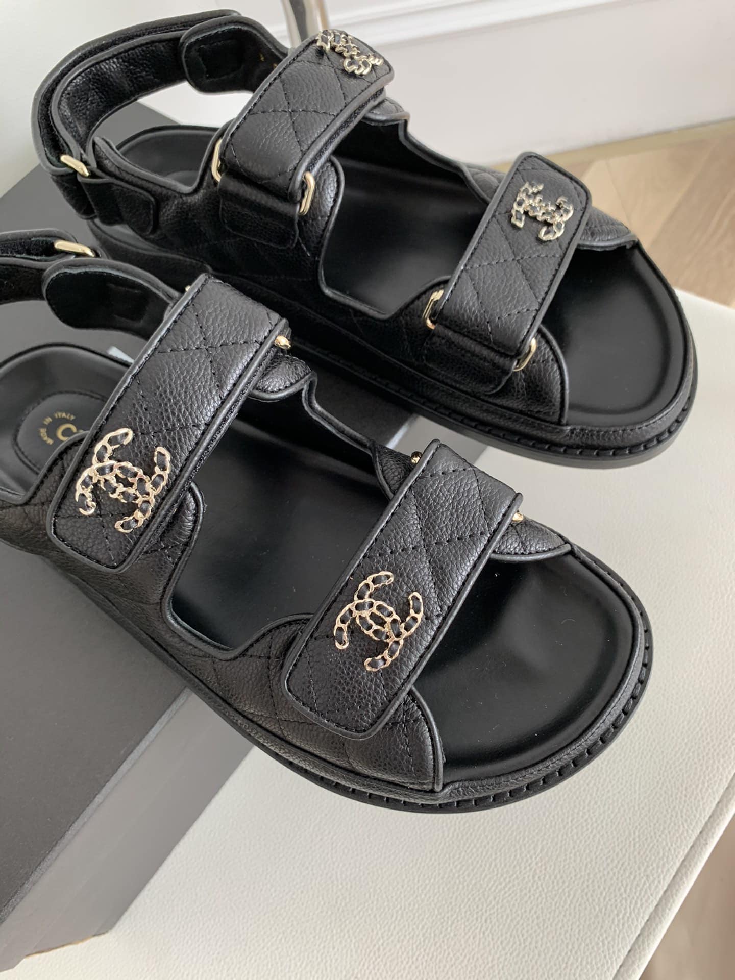 Chanel Cc Button Velcro Black Sandals Grained Calfskin Leather