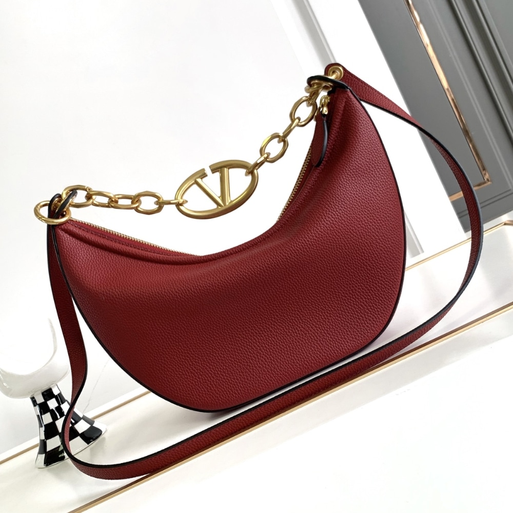 Valentino Garavani VLogo Moon Medium Grainy Hobo Bag With Chain Dark Red 29Cm 5W2B0N59Jdk Y9Q