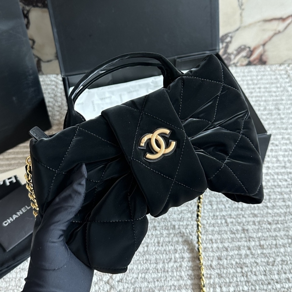 Chanel Bow Bag Velvet Effect Nylon And Gold Tone Metal Black 35Cm As5851 B22154 94305