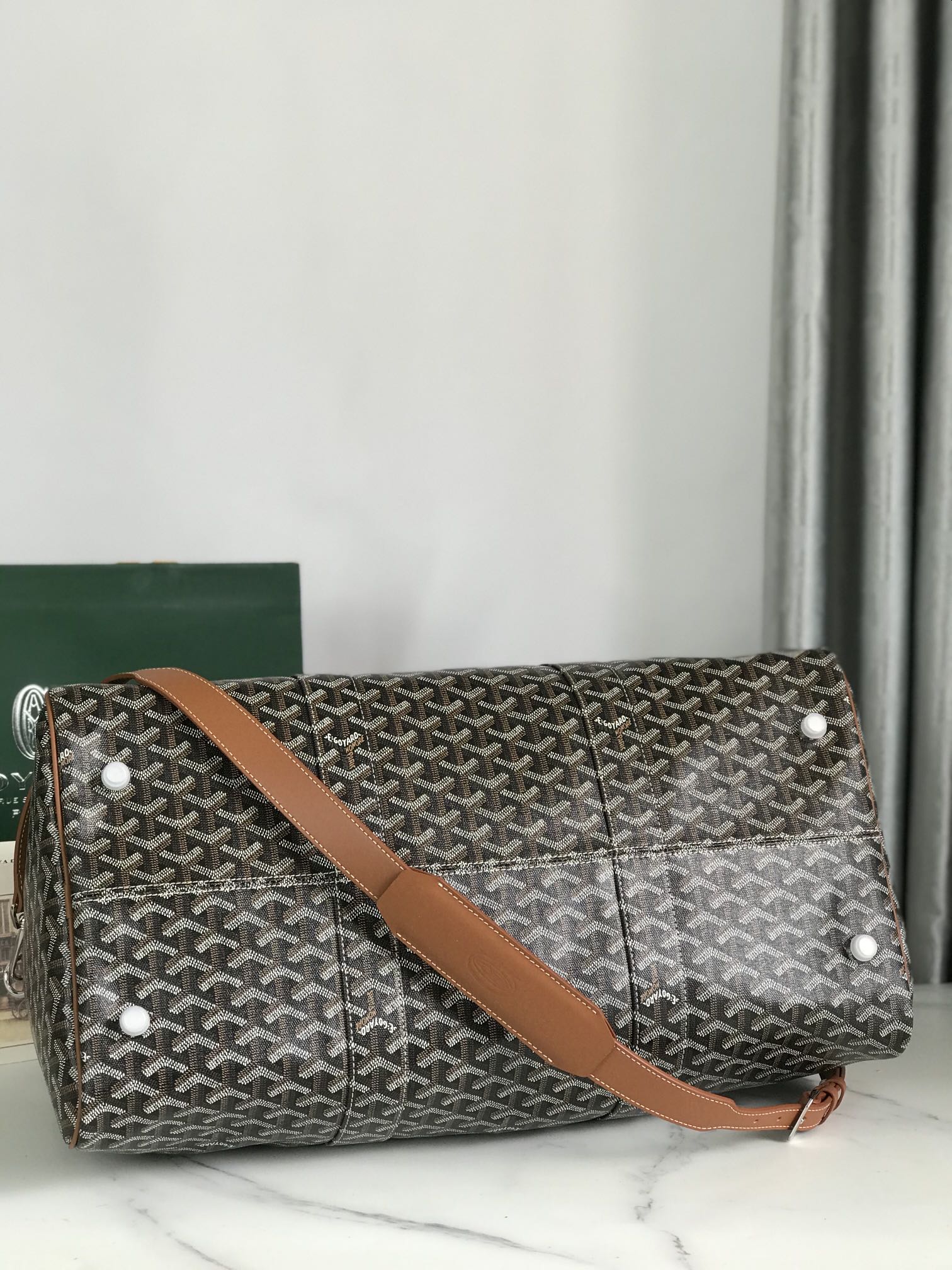 Goyard Boston 50 Bag Cm Black Goyardine Canvas And Tan Calfskin Trim