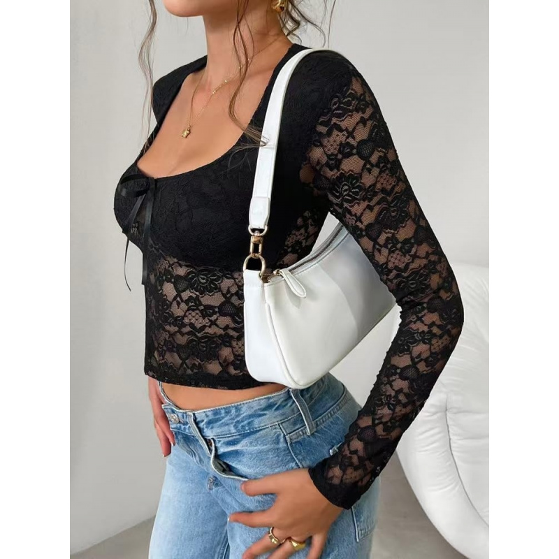 Y2K Lace Tops for Women Long Sleeve Slim Fit Mesh Shirt