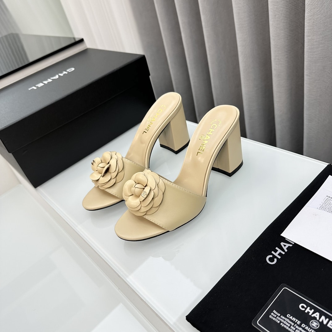 Chanel Camellia Medium Heel Slippers Beige