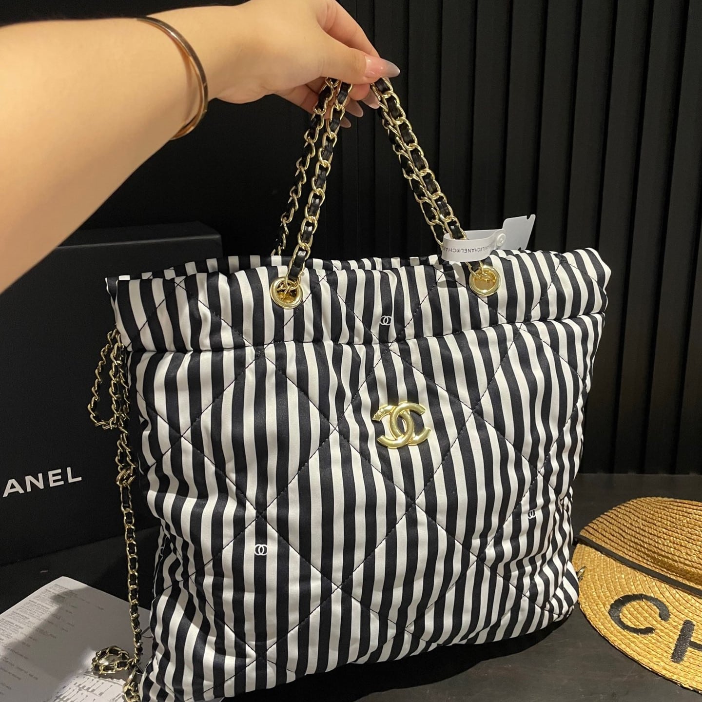 Chanel Large Backpack Printed Fabric And Gold Metal In Black And White 36Cm