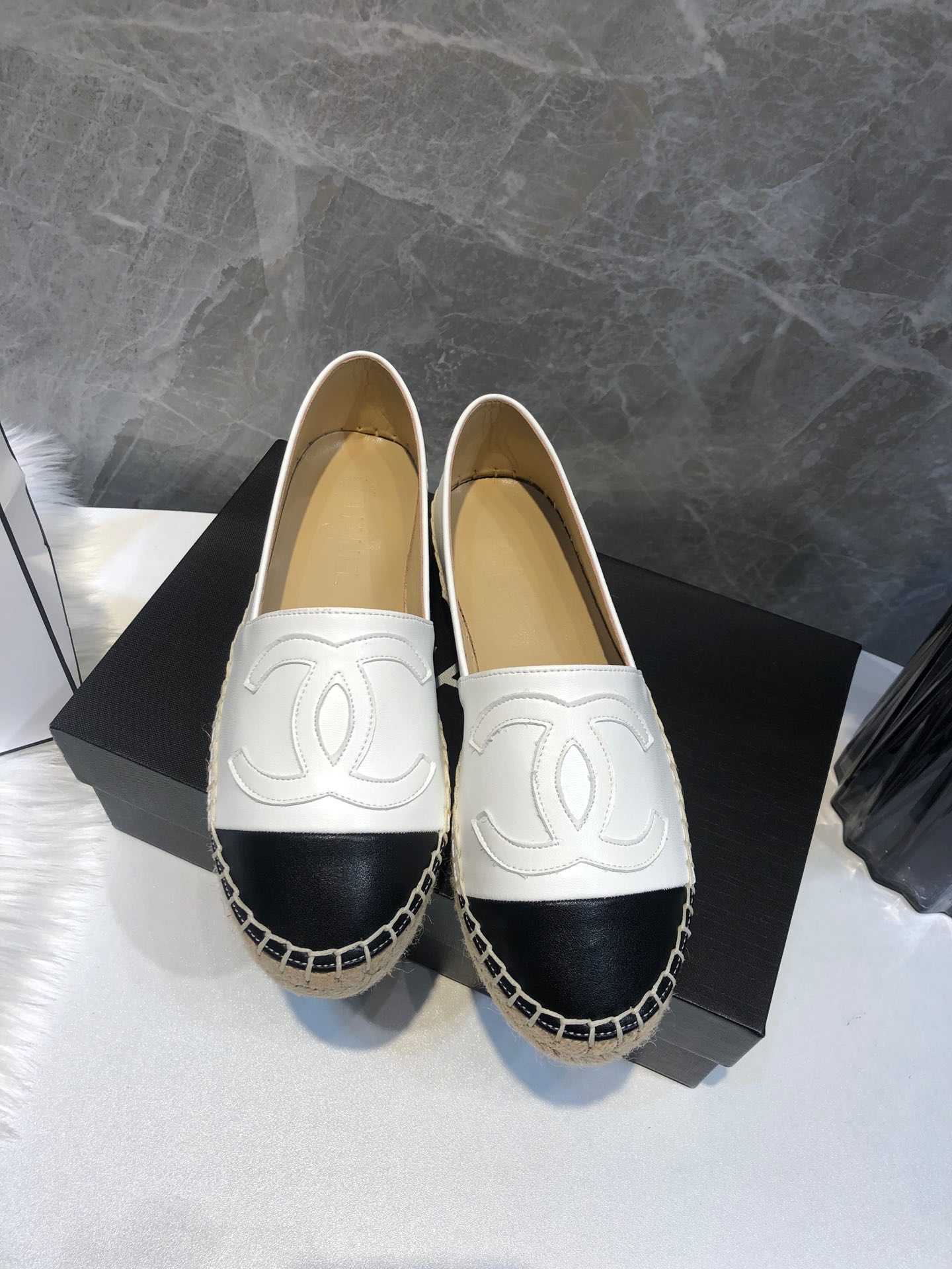 Chanel Embroidered Espadrille Leather Black Cap Toe Flats White Cc