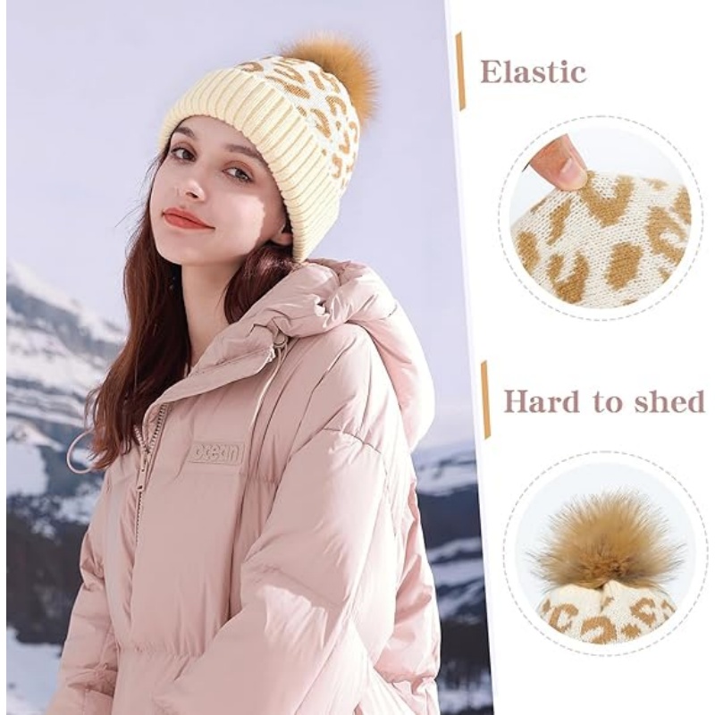 Women Winter Knitted Beanie Hat with Faux Fur Pom