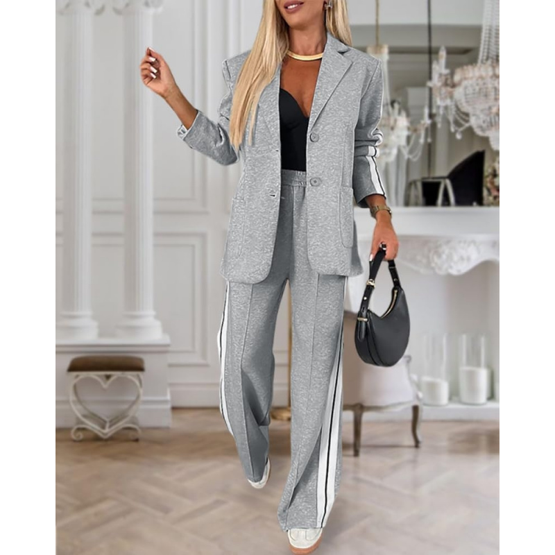 Women's Two Piece Outfits Striped Side Button Blazer