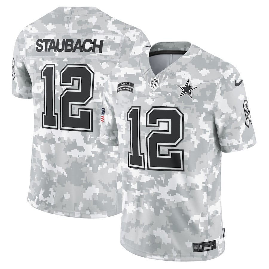 Roger Staubach #12 Dallas Cowboys Arctic Camo Salute to Service Jersey - Men's - National Football League 2024