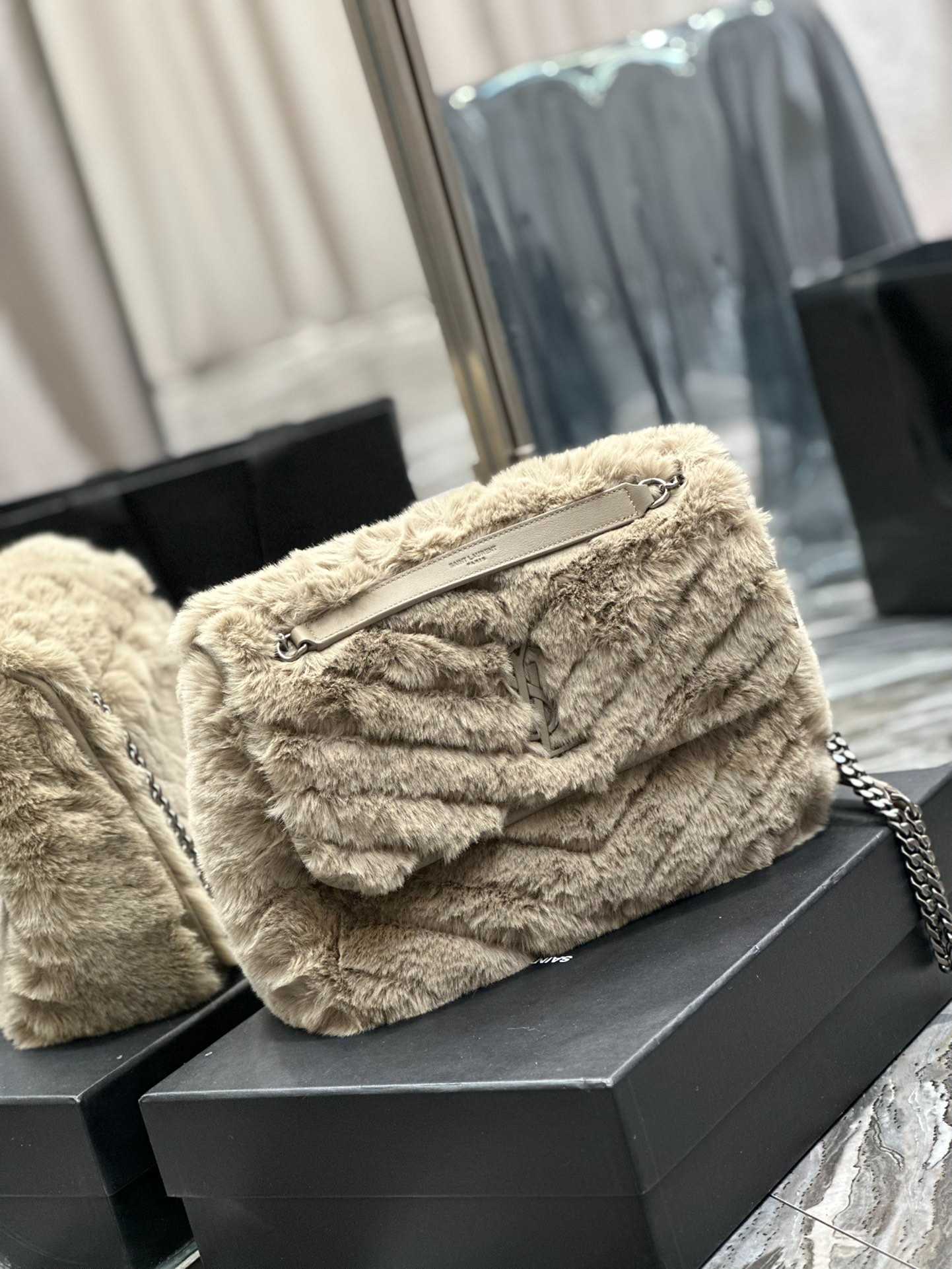 Saint Laurent Niki Medium Chain Bag In Shearling Brown