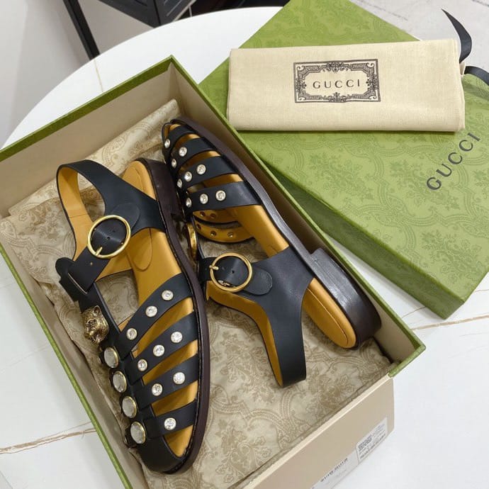 Gucci Rubber Crystal Embellishments Sandals Black