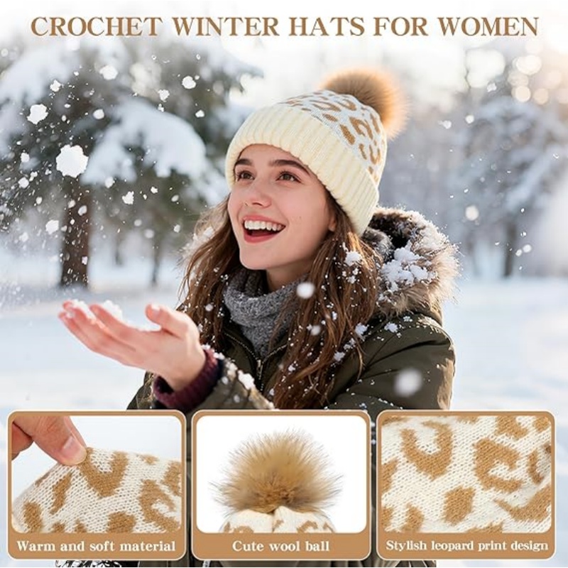 Women Winter Knitted Beanie Hat with Faux Fur Pom