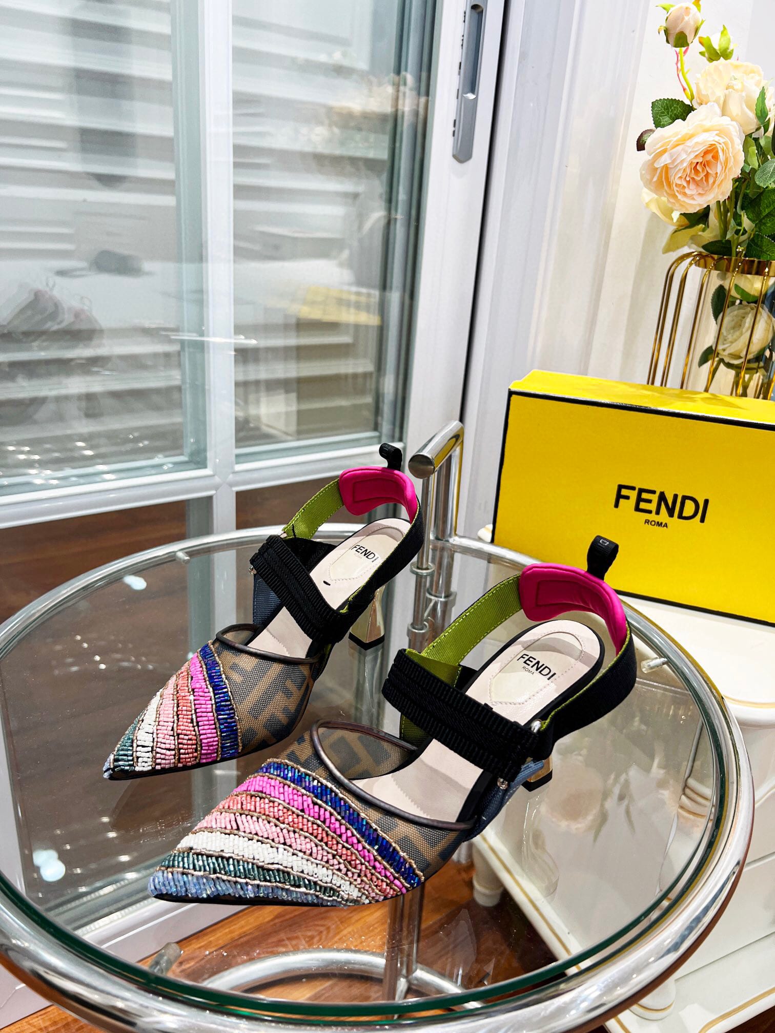 Fendi Colibri 85Mm Beaded Slingback Pumps Rainbow 8J8143Ai1E