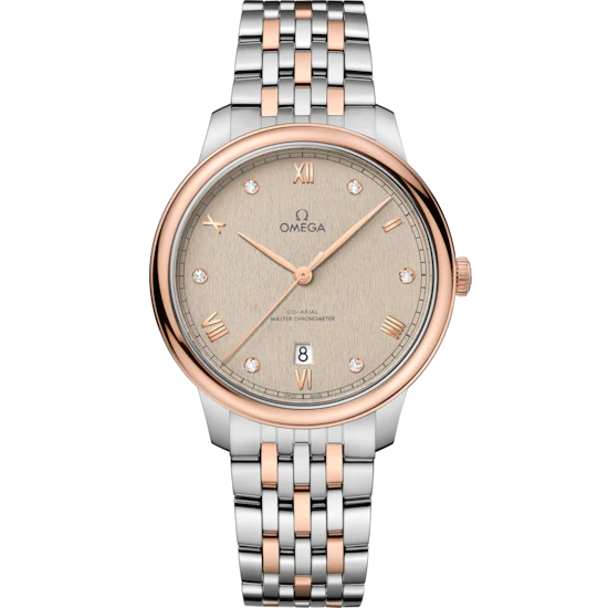 Omega De Ville Prestige 40 mm Linen Dial with Diamonds Stainless Steel and Sedna™ 18k Rose Gold Bracelet 434.20.40.20.59.001