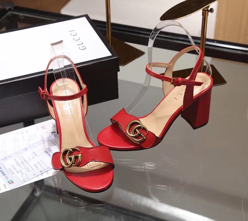 Gucci Double G Leather Mid Heel Sandal Red ?453379 A3N00
