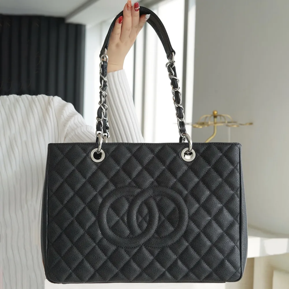 Chanel Classic Tote Bag Silver Hardware Black 34cm