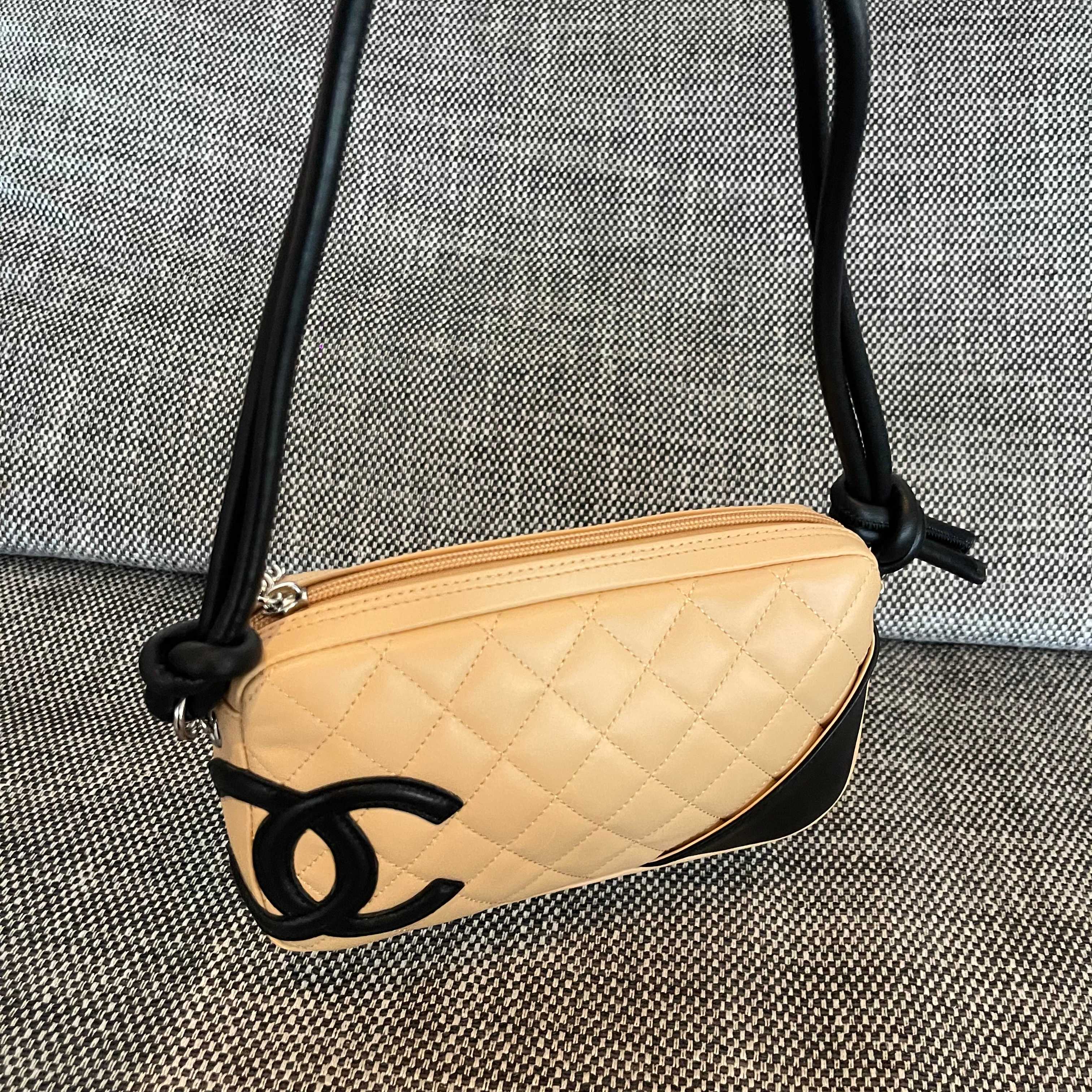 Vintage Cambon Quilted Lambskin Camera Bag in Beige & Black