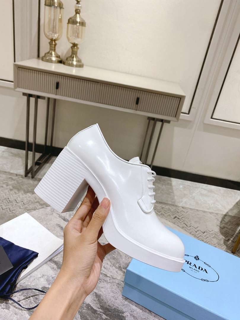 Prada Heeled Brushed Leather Lace-Ups White