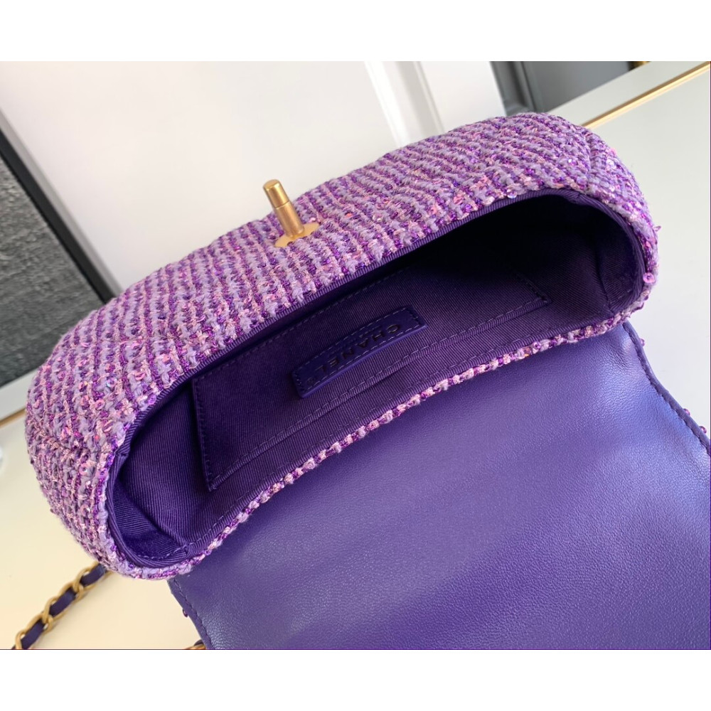 Chanel Mini Sequin Flap Bag with Top Handle Purple Tweed
