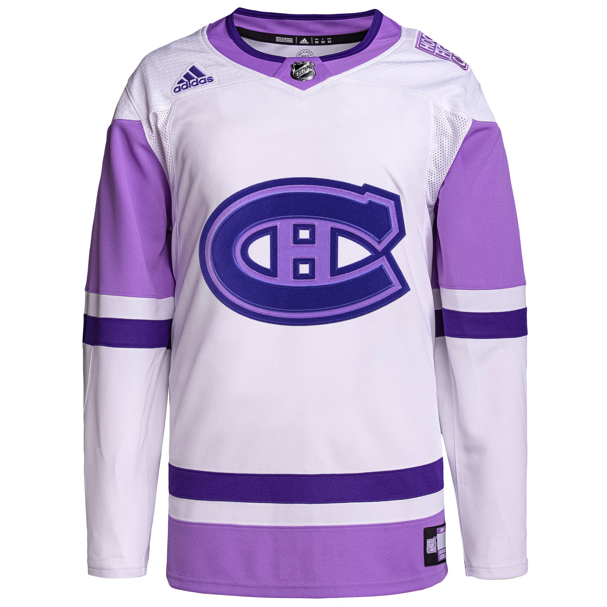 Montreal Canadiens adidas Hockey Fights Cancer Primegreen Authentic Blank Practice Jersey – White/Purple