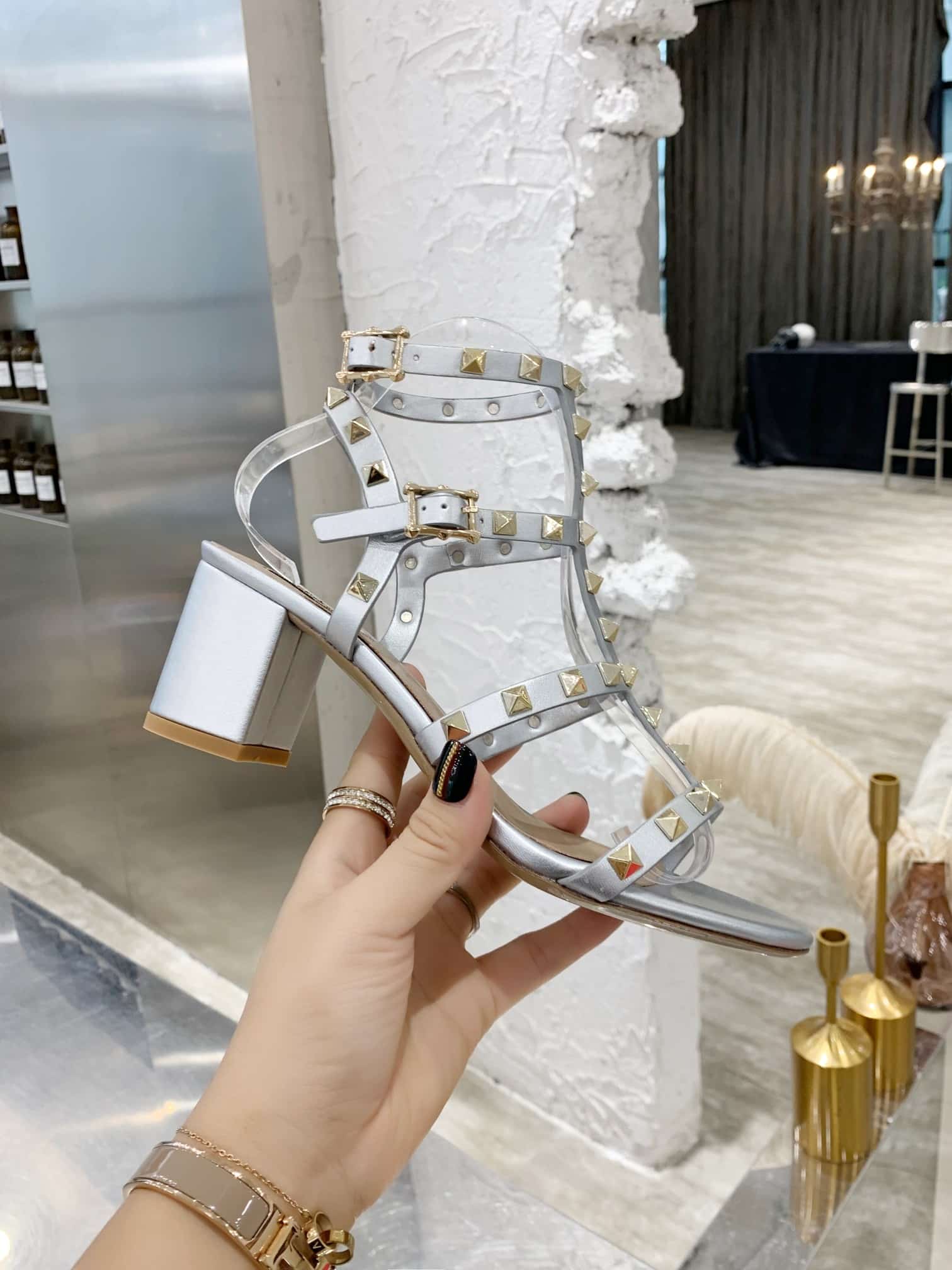 Valentino Garavani Rockstud Leather Sandals Silver