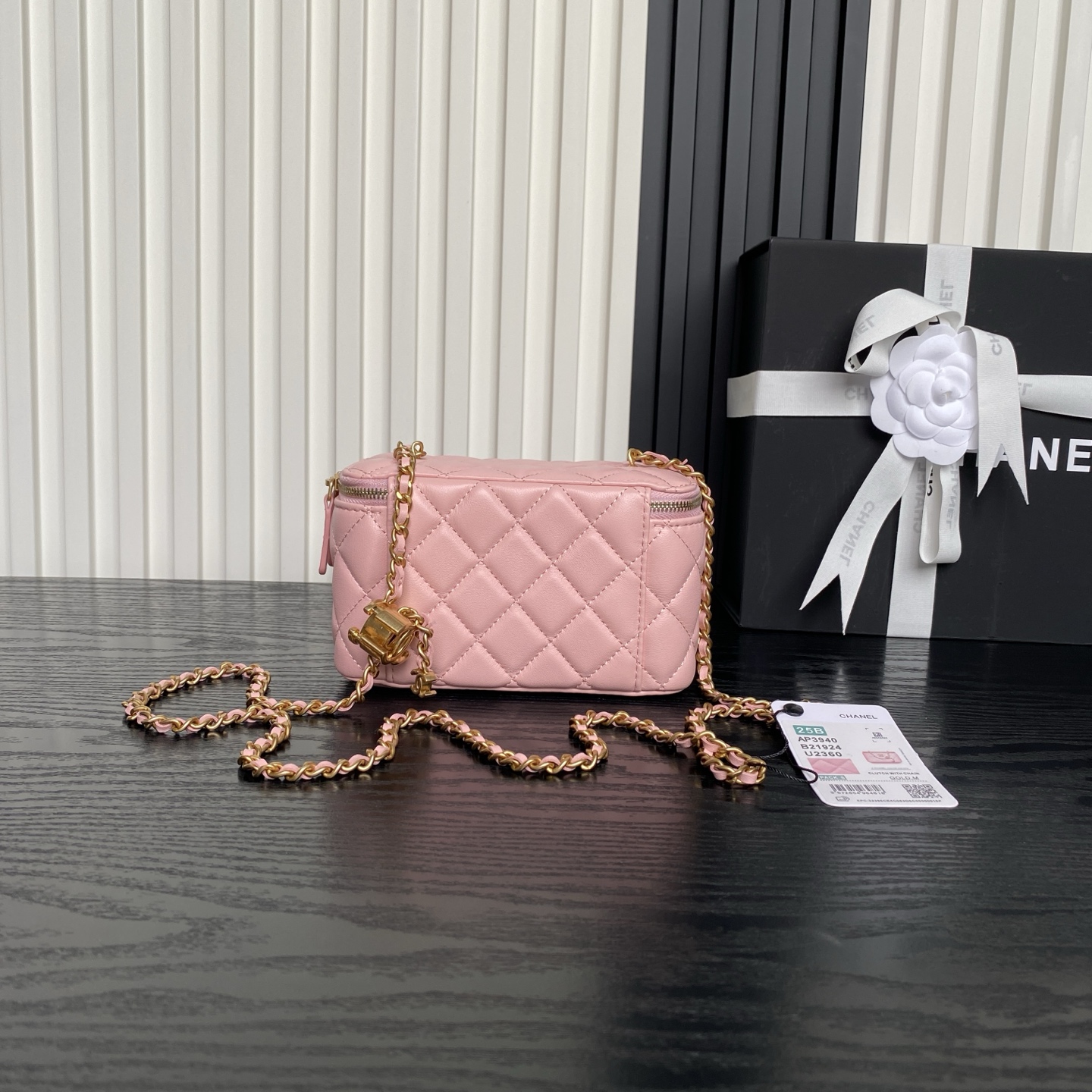 Small Vanity Case with Chain (AP3940) in Pink Shiny Lambskin with Gold-Tone Hardware, 25B Fall-Winter Collection