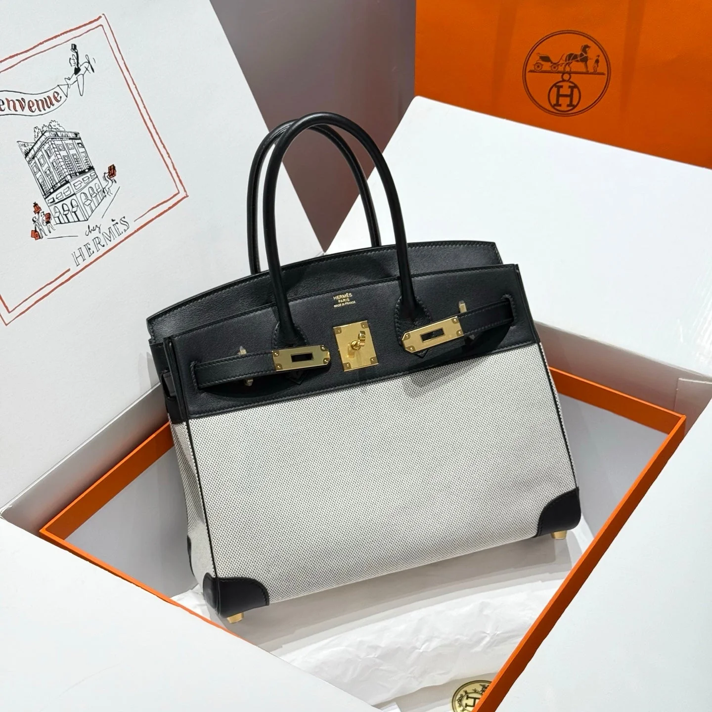 HM Birkin 30cm Black Swift Cowhide With Black White Checkered Canvas Fabric Ghw 249977