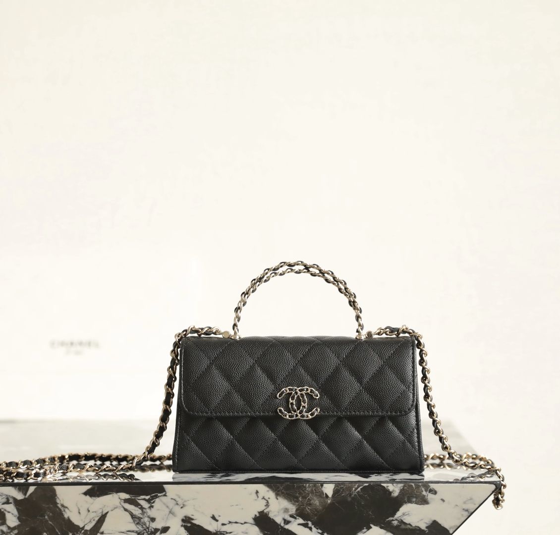 Chanel Caviar Quilted Chain Top Handle Phone Holder With Chain Black 18cm