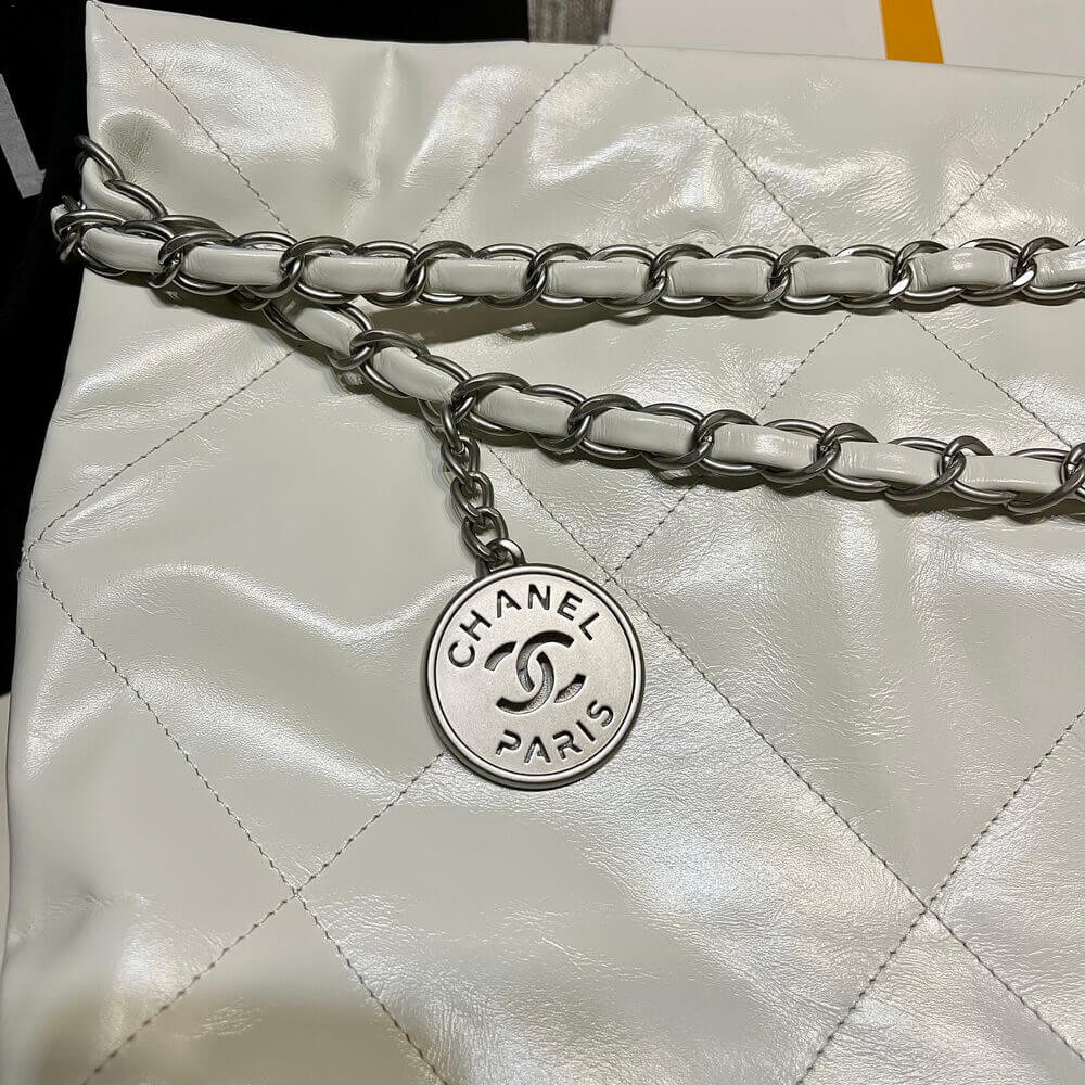 Chanel 22 Small Handbag Shiny Calfskin White Silver