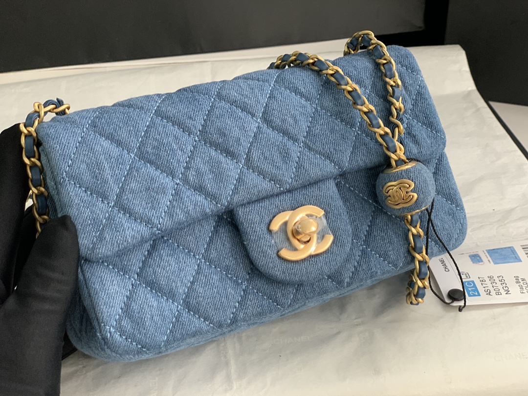 22C Classic Mini Flap Bag (Square) with Adjustable Ball Chain in Washed Denim Blue, Chevron Quilted, Gold-Tone Hardware
