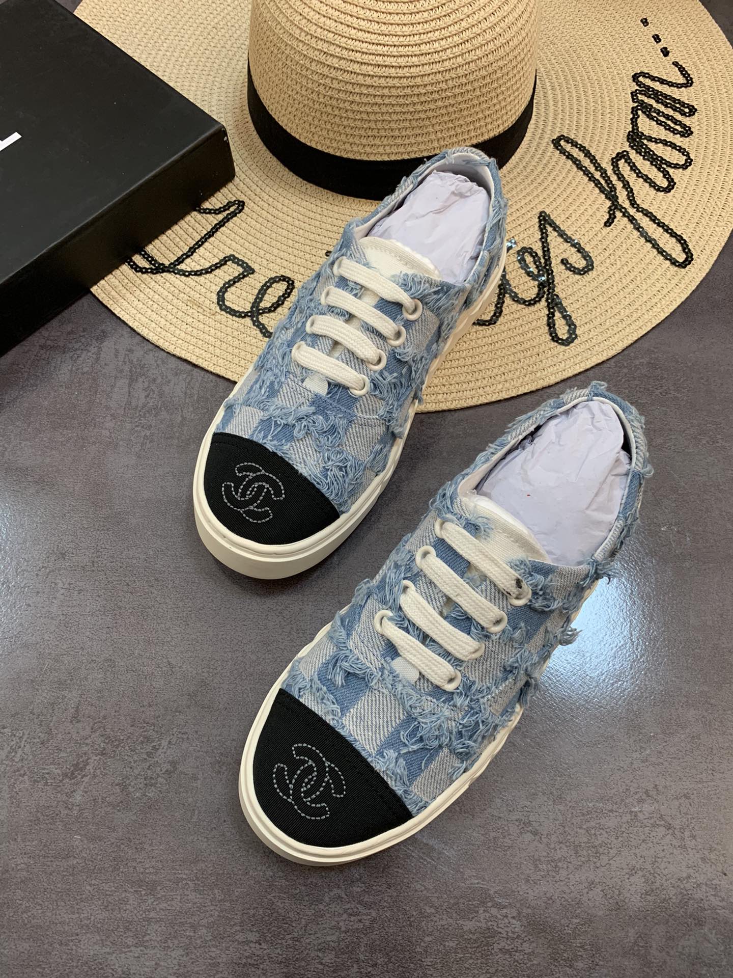 Chanel Cc Sneakers Mix Denim Blue