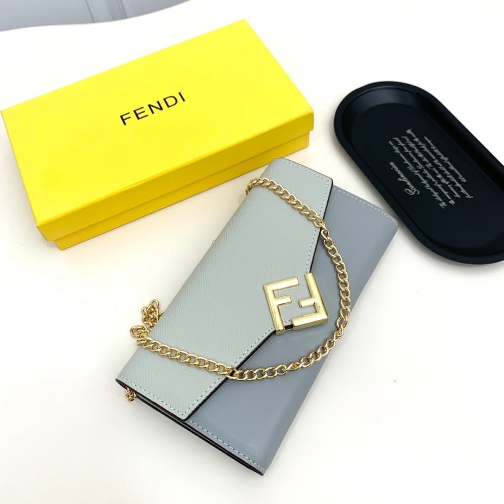 Fendi Ff Diamonds Continental With Chain Leather Wallet Light Blue 19Cm