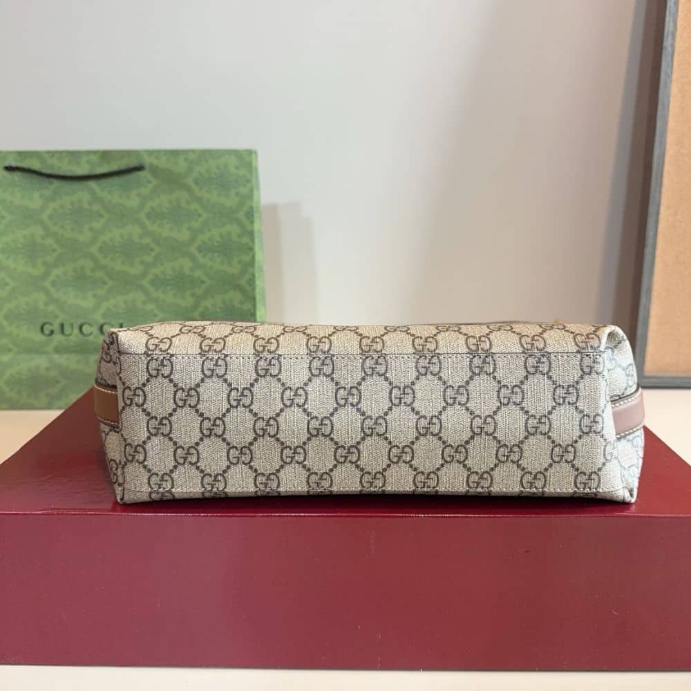 Gucci GG Emblem Medium Bucket Bag Beige And Dark Brown Fabric 31Cm 815103 FAD6L 9758