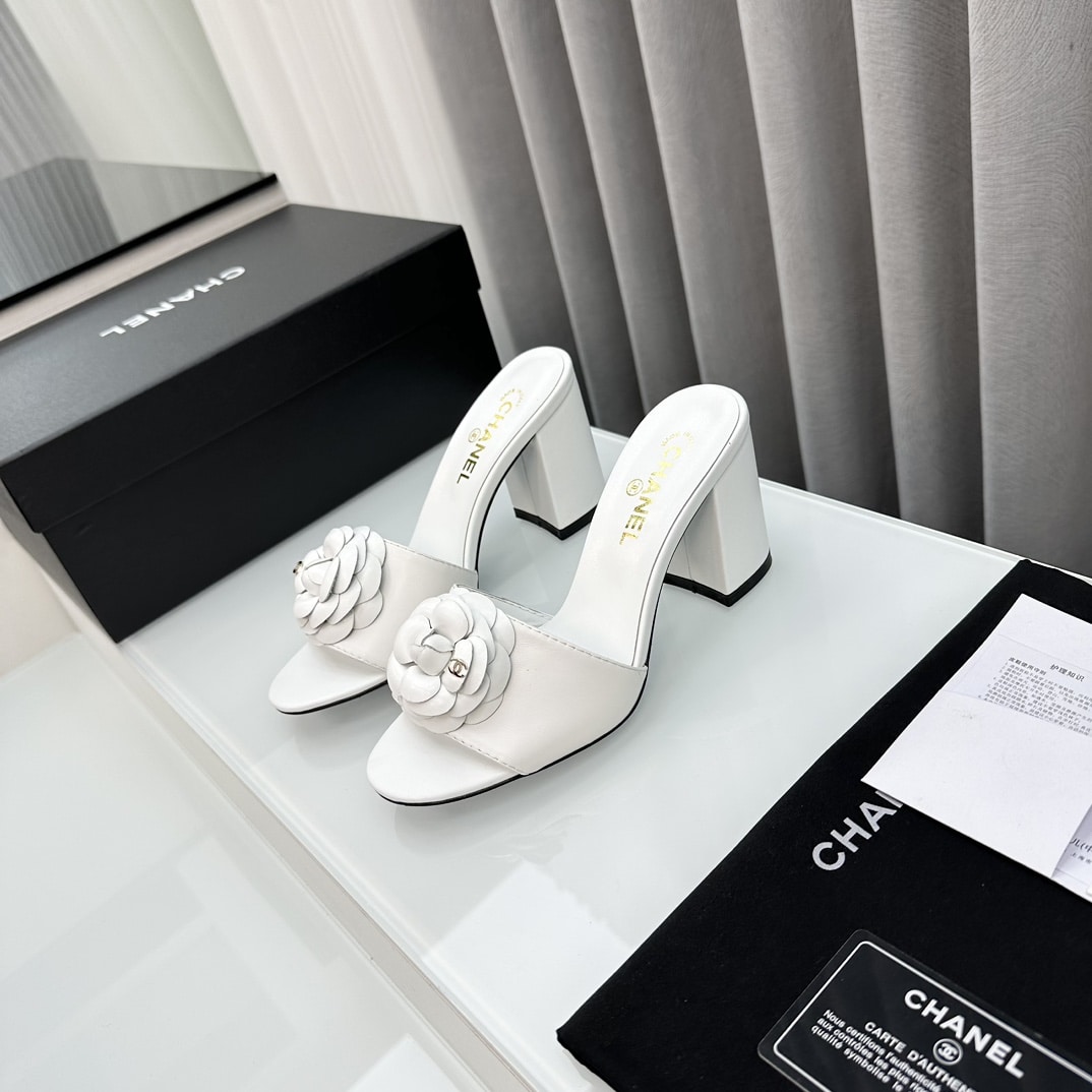 Chanel Camellia Medium Heel Slippers White