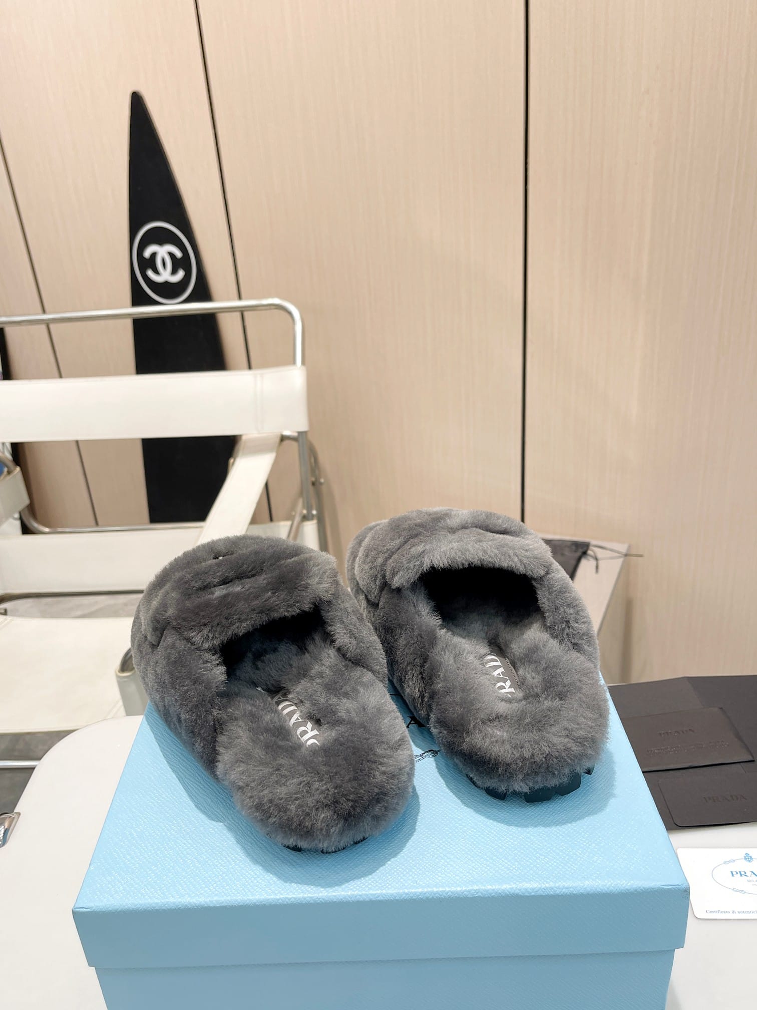 Prada Shearling Sabots Grey