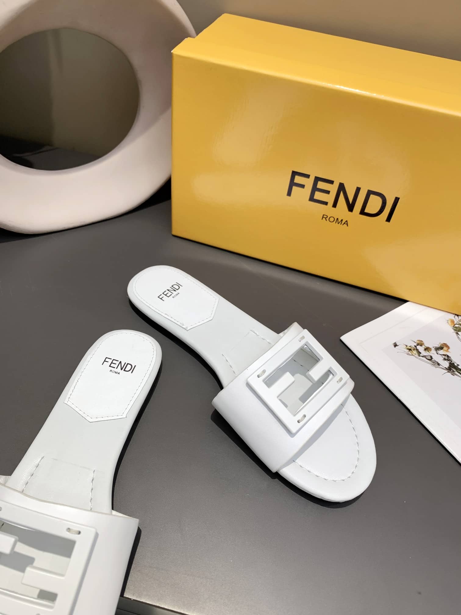 Fendi Signature Leather Sandals Slide White