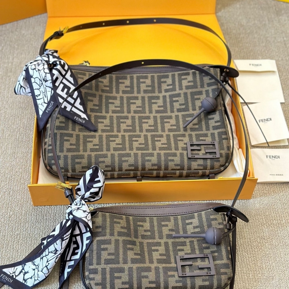 Fendi Simply Fendi Medium Brown Ff Jacquard Fabric Bag 25Cm