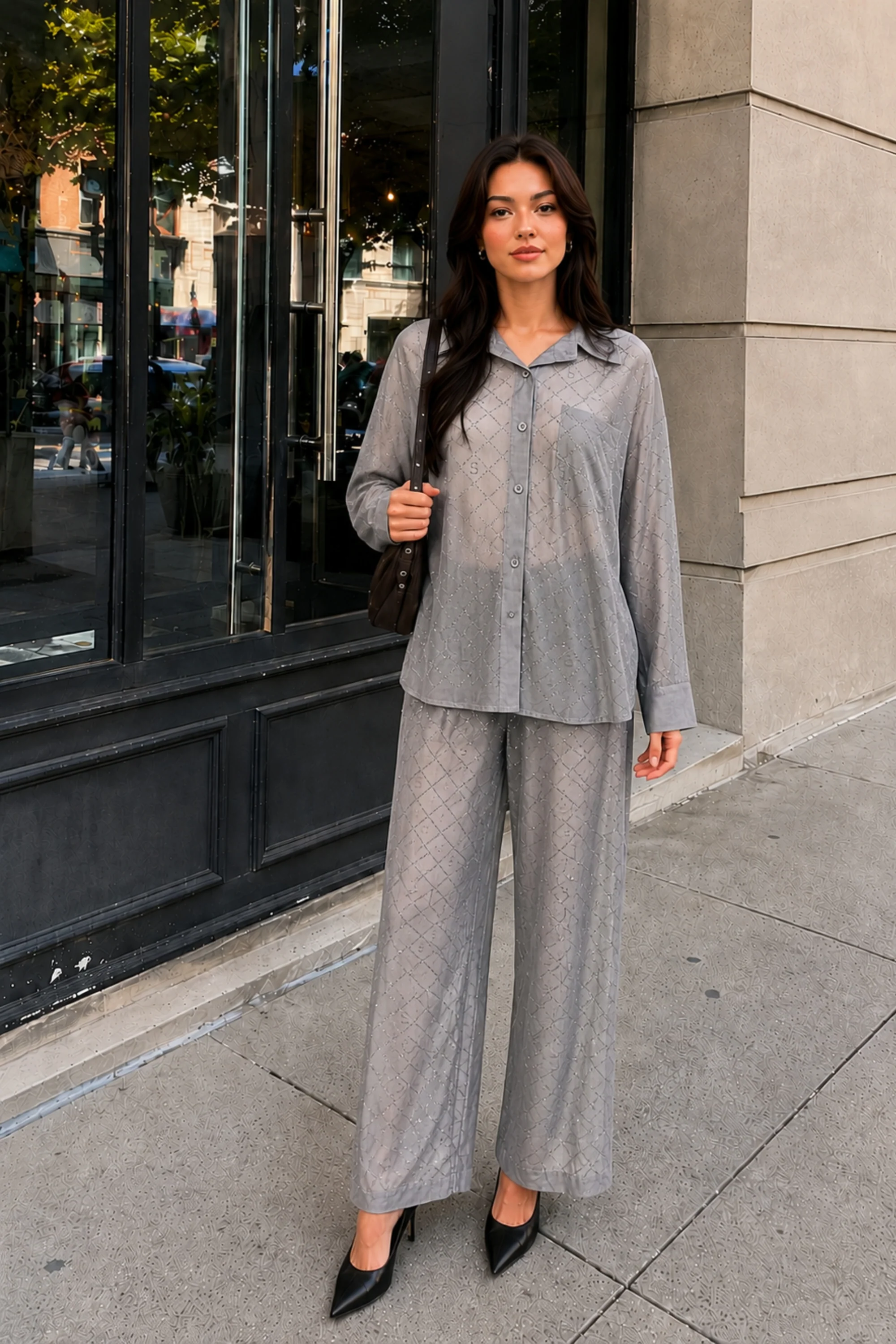 Steel Grey Rhinestone Pant Co-ord set