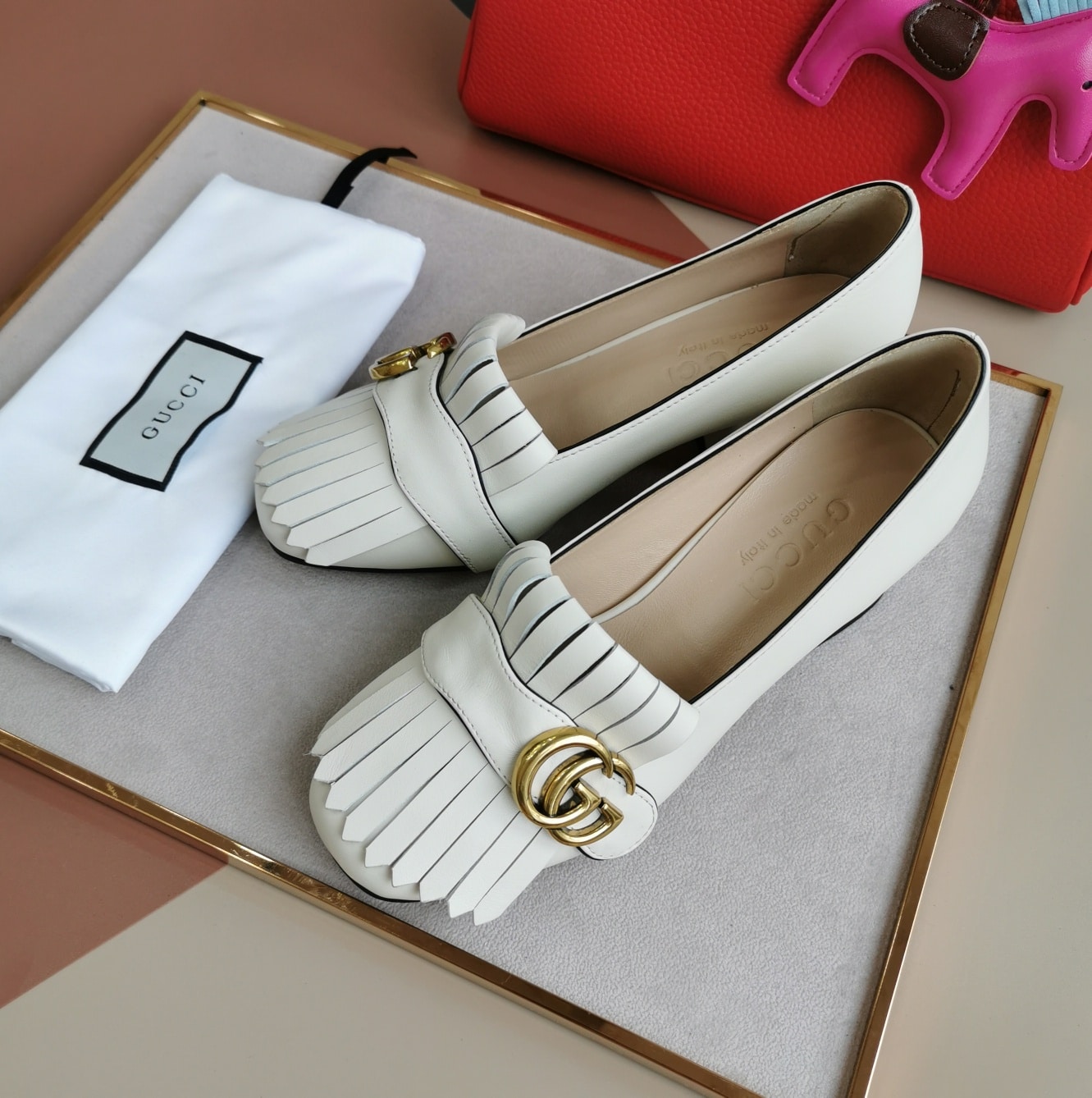 Gucci Wmns White Leather Mid-Heel Pump