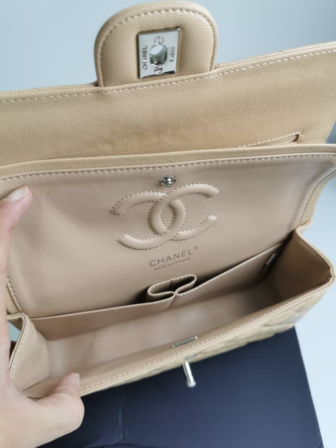 Chanel Cc Timeless Lined Flap Caviar Bag Dark Beige 26Cm