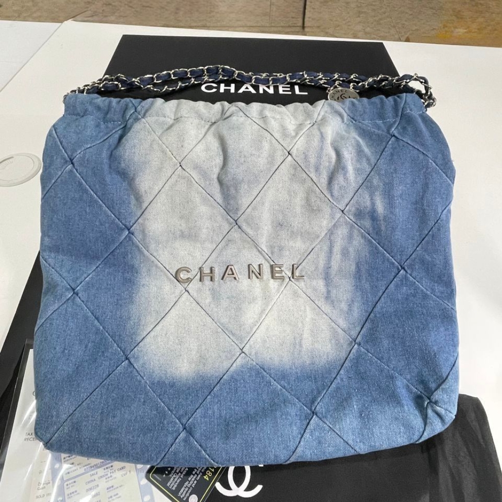 Chanel 22 Handbag Washed Denim Silver Tone Metal Blue 41Cm AS3261 B10439 NM981