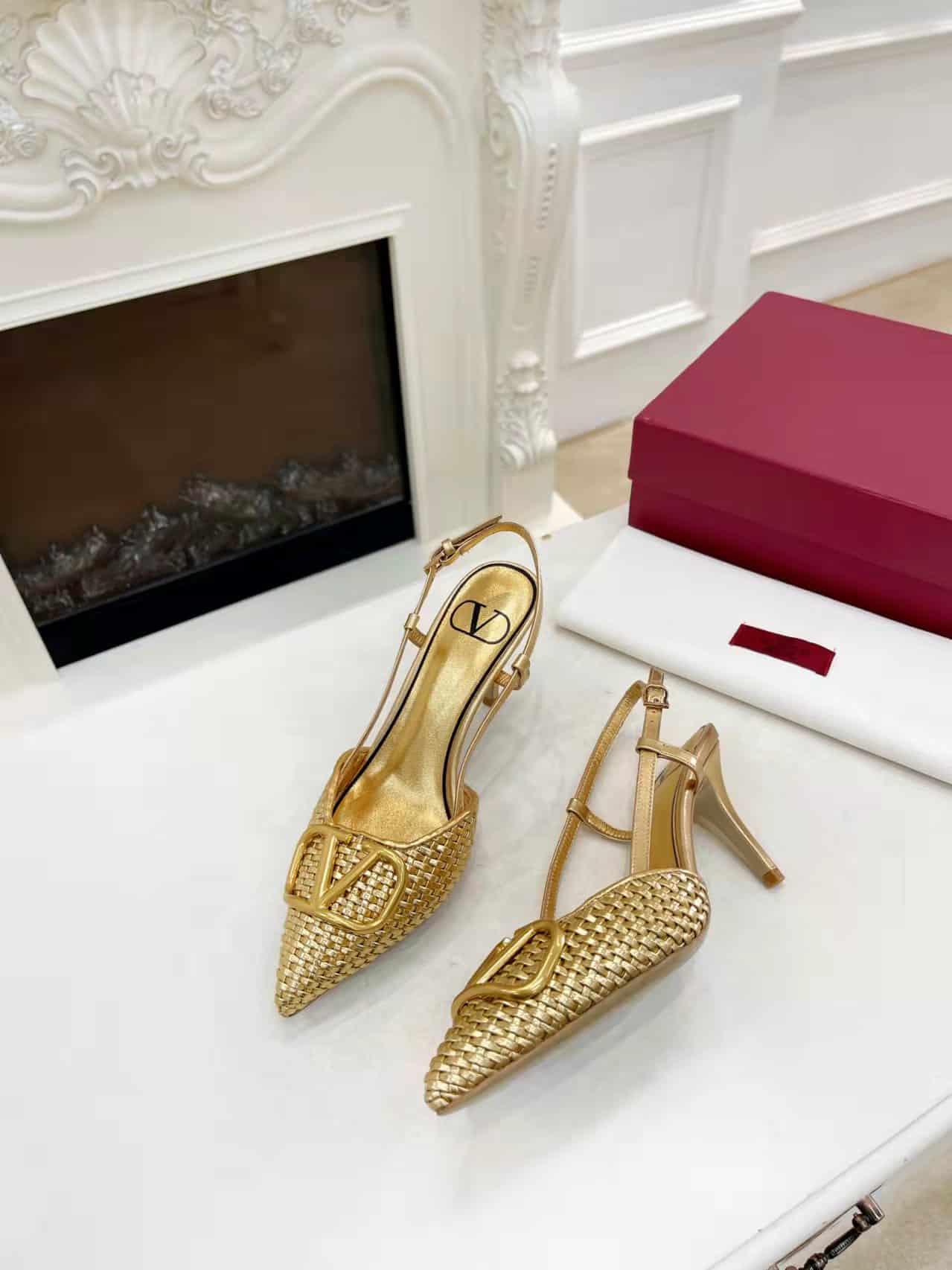 Valentino Garavani VLogo Woven Leather Slingback Pumps Gold