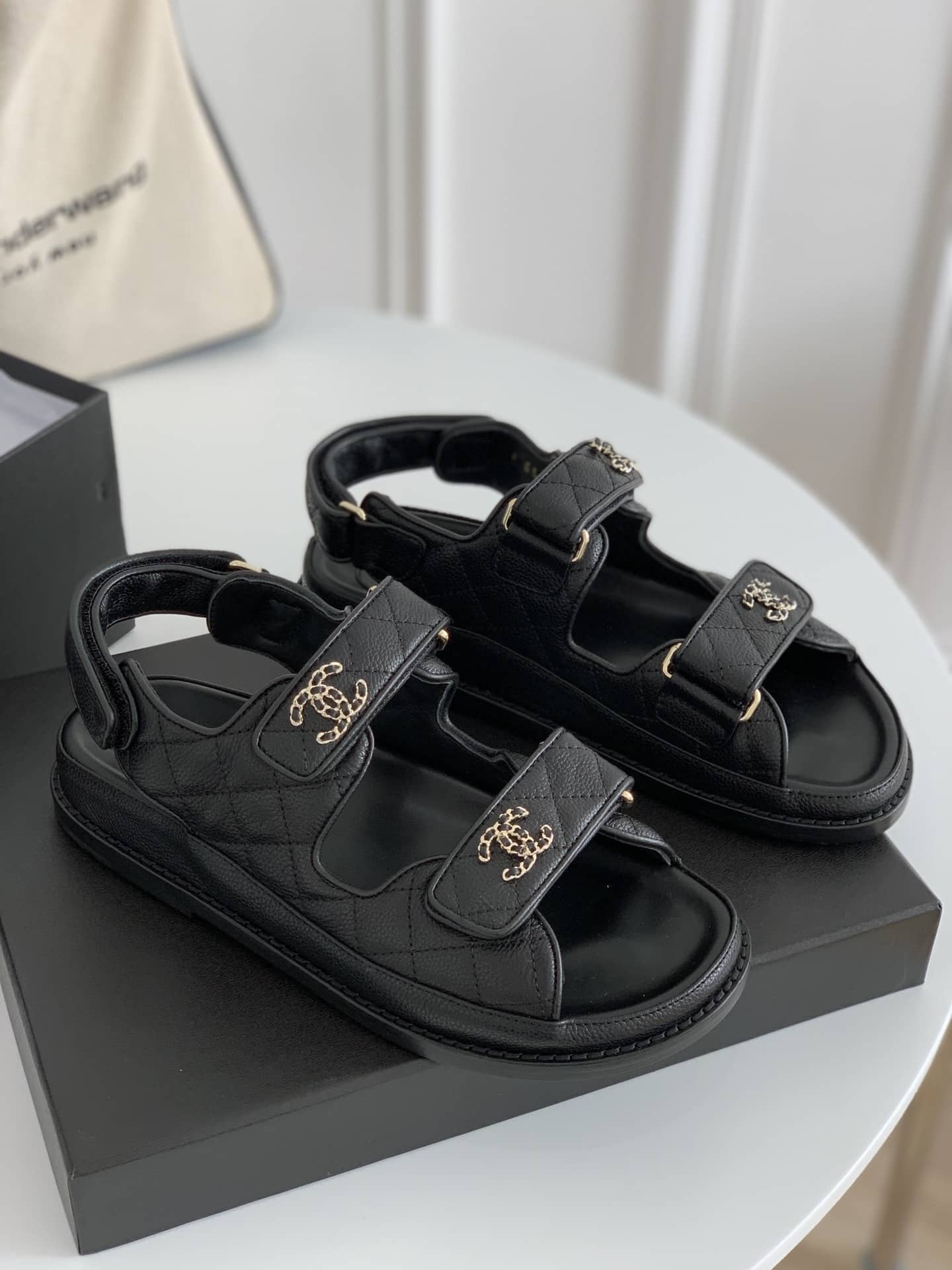 Chanel Cc Button Velcro Black Sandals Grained Calfskin Leather