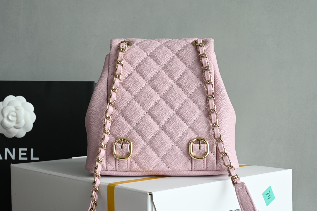 Duma Backpack in Light Pink Quilted Shiny Caviar Leather with Light Gold-Tone Metal (Model AS3857)