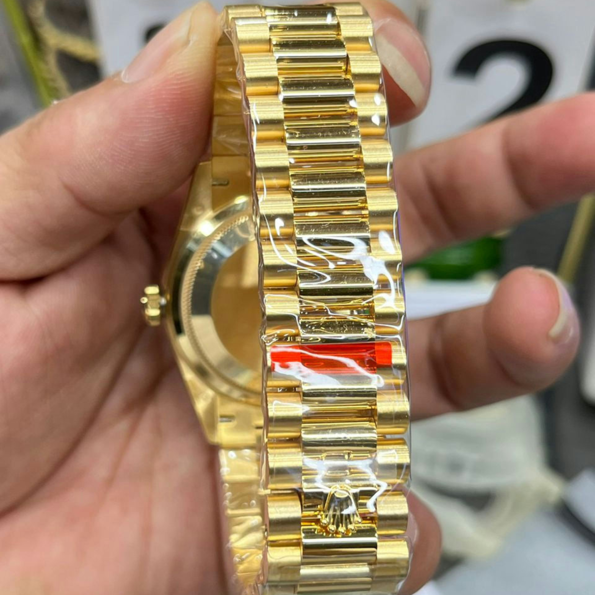 [SUPER CLONE] Rolex Yellow Gold Day-Date Diamond Bezel Onyx Green Dial President Bracelet 36mm
