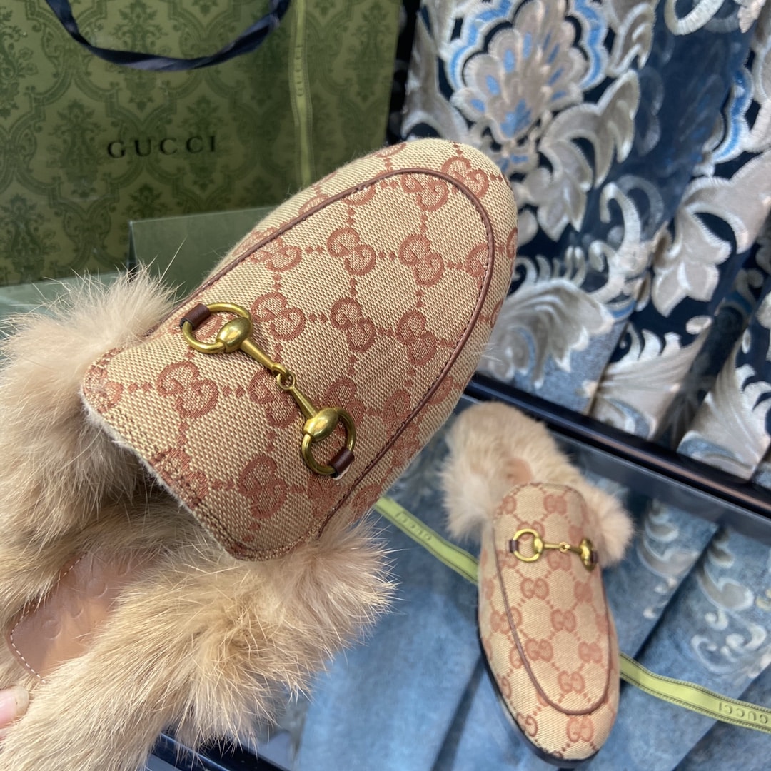 Gucci Princetown Lamb Fur Slippers Rust Natural