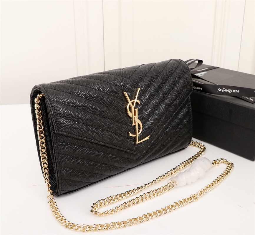 Saint Laurent Cassandre Matelasse Chain Wallet In Grain De Poudre Embossed Black Gold 22Cm 377828 Bow01 1000