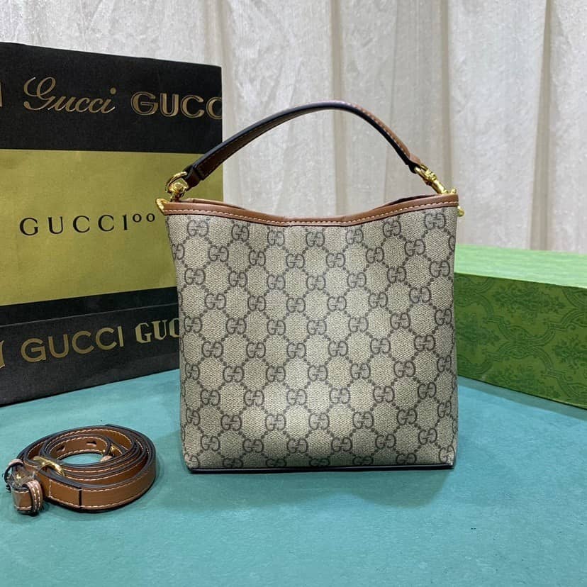 Gucci GG Emblem Mini Bucket Bag Beige And Dark Brown 19Cm ‎815118 FAD6L 9758