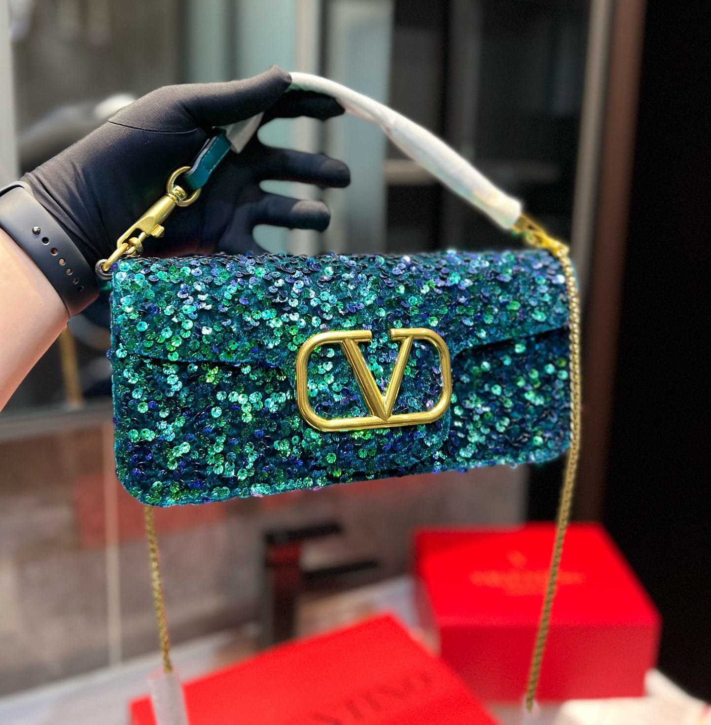 Valentino Garavani Locò Embellished Shoulder Bag Blue 28Cm
