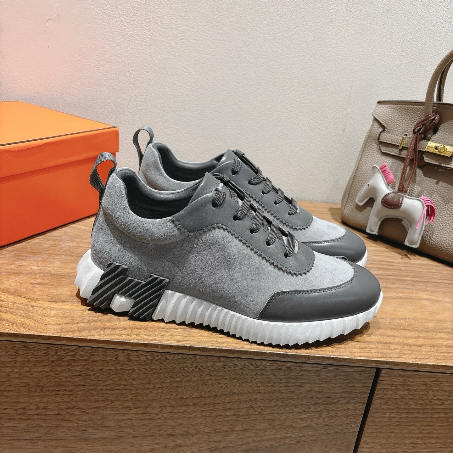 Hermes Bounce Sneakers In Suede And Calfskin Grey- Shoes for Men