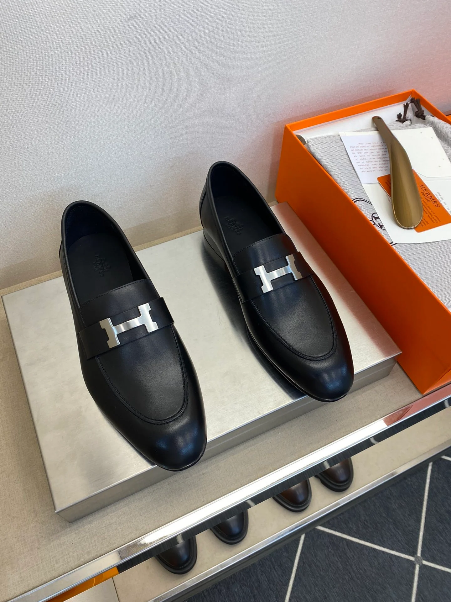 Hermes H-Buckle Black Smooth Leather Loafers- Shoes for Men